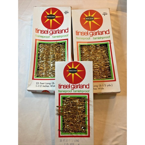Vintage Brite Star Gold Tinsel Christmas‎ Garland 65 Feet total  Made USA - Picture 1 of 3